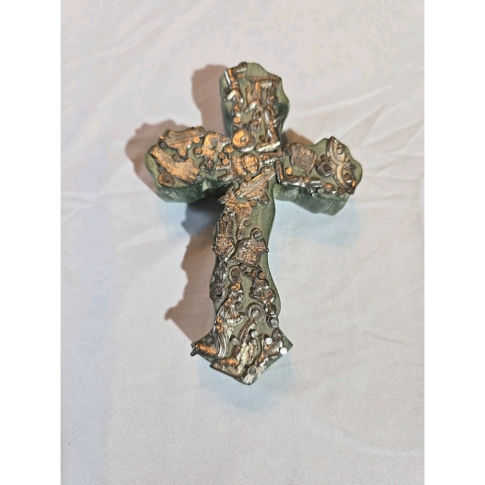 Mexican Hand Crafted 5" Cross Metal & Wood Catholic Milagros Vintage Folk Art